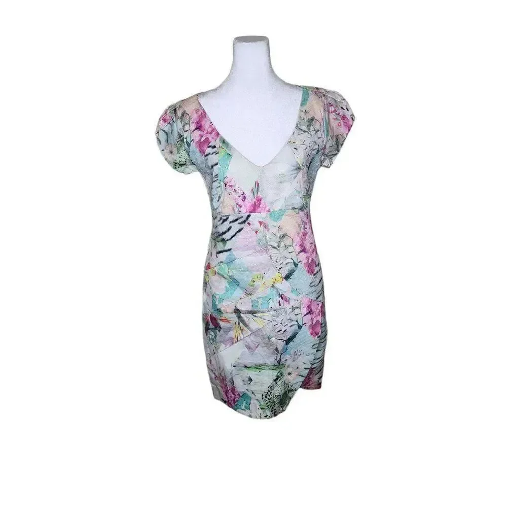 Artsy Floral Cap Sleeve Mini Body Con Dress Womens S Blue